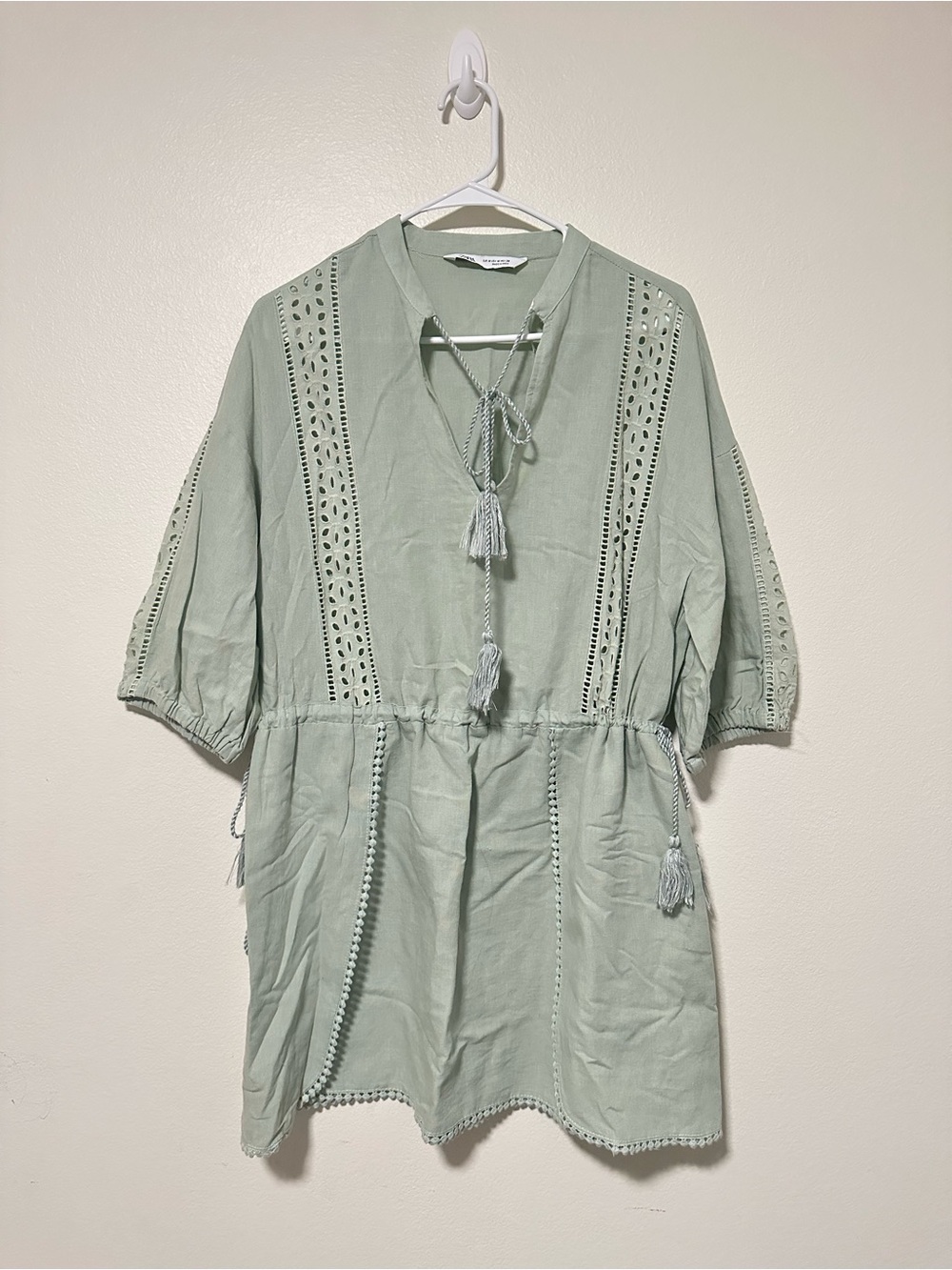 Zara Light Sage Tassel Tie Waist Eyelet Peasant Dress